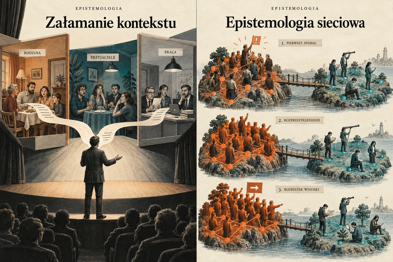 Visual metaphor for “Context collapse”. One message reaches family, friends, and colleagues simultaneously. The core mechanism is the loss of audience separation.