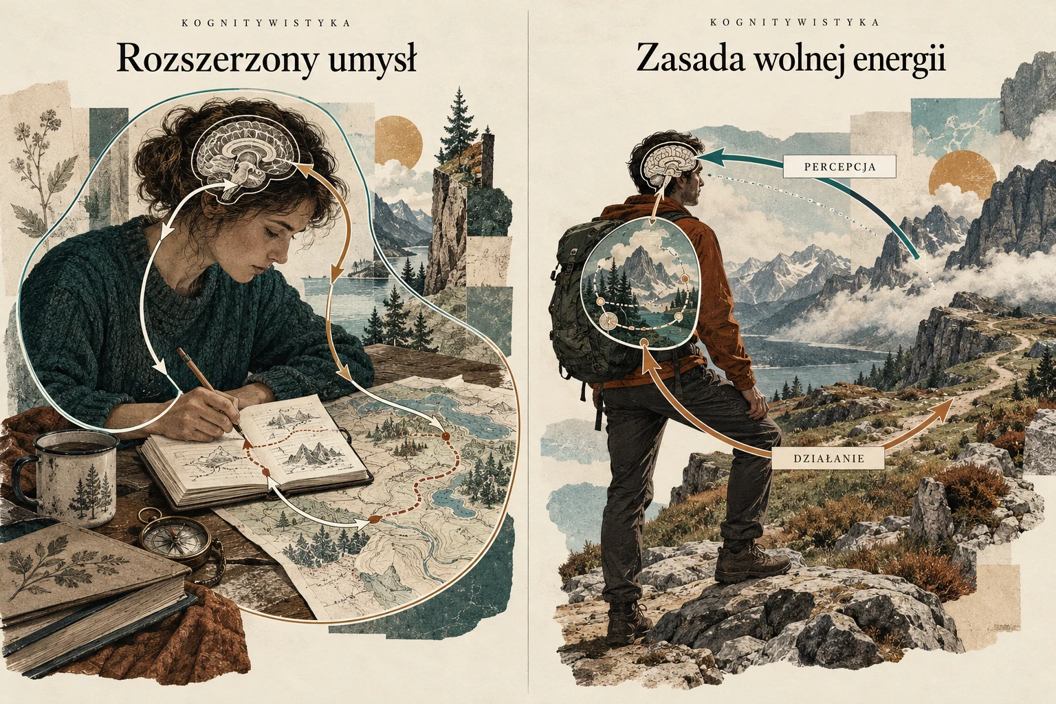 Visual metaphor for “Extended mind”. The outline and loop of arrows encompass the person, notebook, and map as a single cognitive system. Cognitive offloading is a close reading, but on its own does not assume the tool is literally part of the mind.