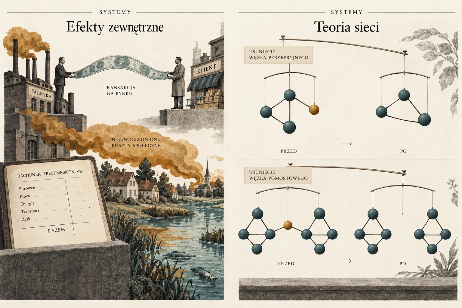 Visual metaphor for “Externalities”. Money circulates between the transacting parties while pollution burdens the surrounding environment outside their ledger.