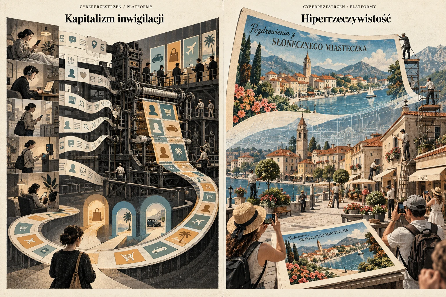 Visual metaphor for “Hyperreality”. The town is built after the postcard, which starts producing what it depicts. Hyperstition is a close reading, though the scene focuses on representation dominating the original.