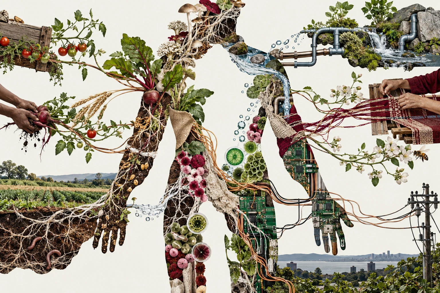 Visual metaphor for “Posthumanism”. The human silhouette emerges from biological, social, and technical dependencies. The aim is to challenge human self-sufficiency and centrality, though the image also permits a broader systems reading.