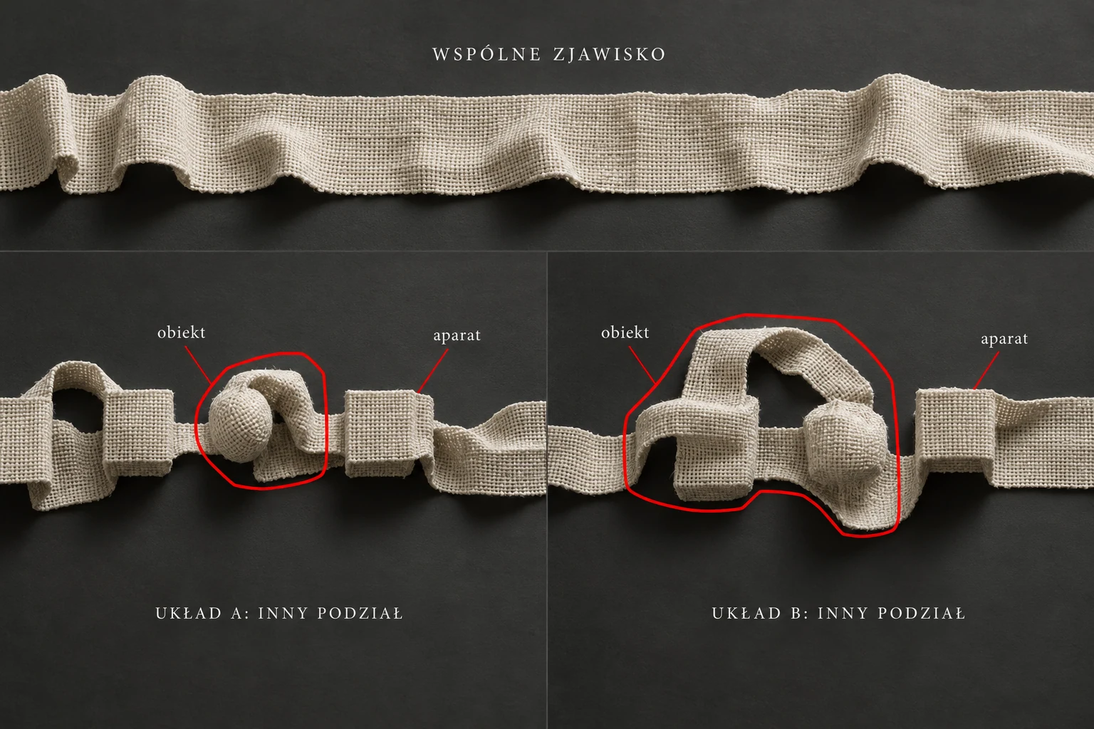 Visual metaphor for “Agential realism”. Object and apparatus are parts of a shared fabric whose boundary shifts with the setup. The metaphor illustrates how a cut is enacted within a phenomenon, though it does not exhaust Barad's full account.
