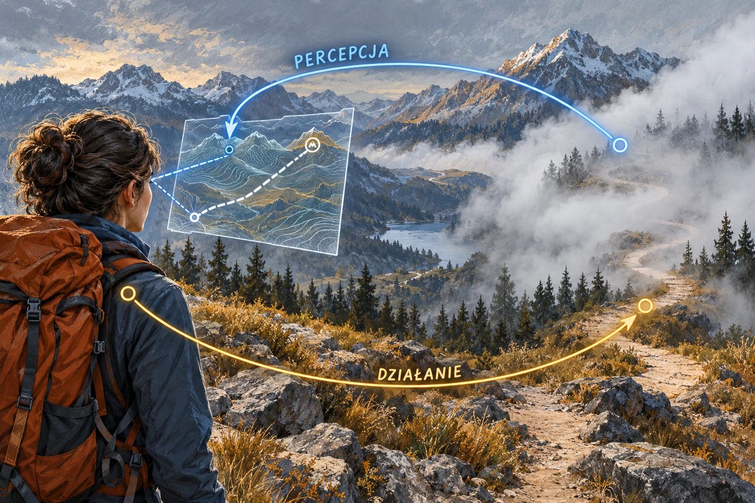 Visual metaphor for “Free energy principle”. Perception updates the model of the environment while action alters incoming signals. The image depicts the active inference aspect of the free energy principle; predictive processing is a close reading, and the illustration does not define the full formalism.
