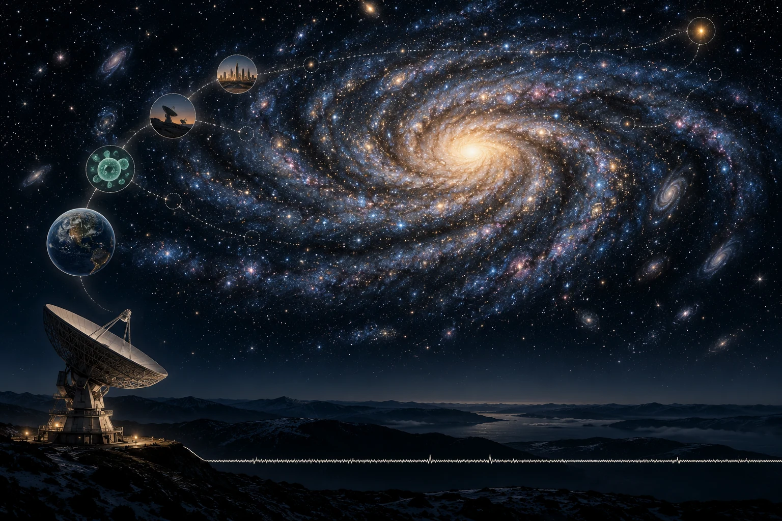 Visual metaphor for “Fermi paradox”. A vast number of cosmic possibilities is juxtaposed with listening posts that detect no confirmed signal. The image poses the puzzle without deciding why other civilizations remain undetected.