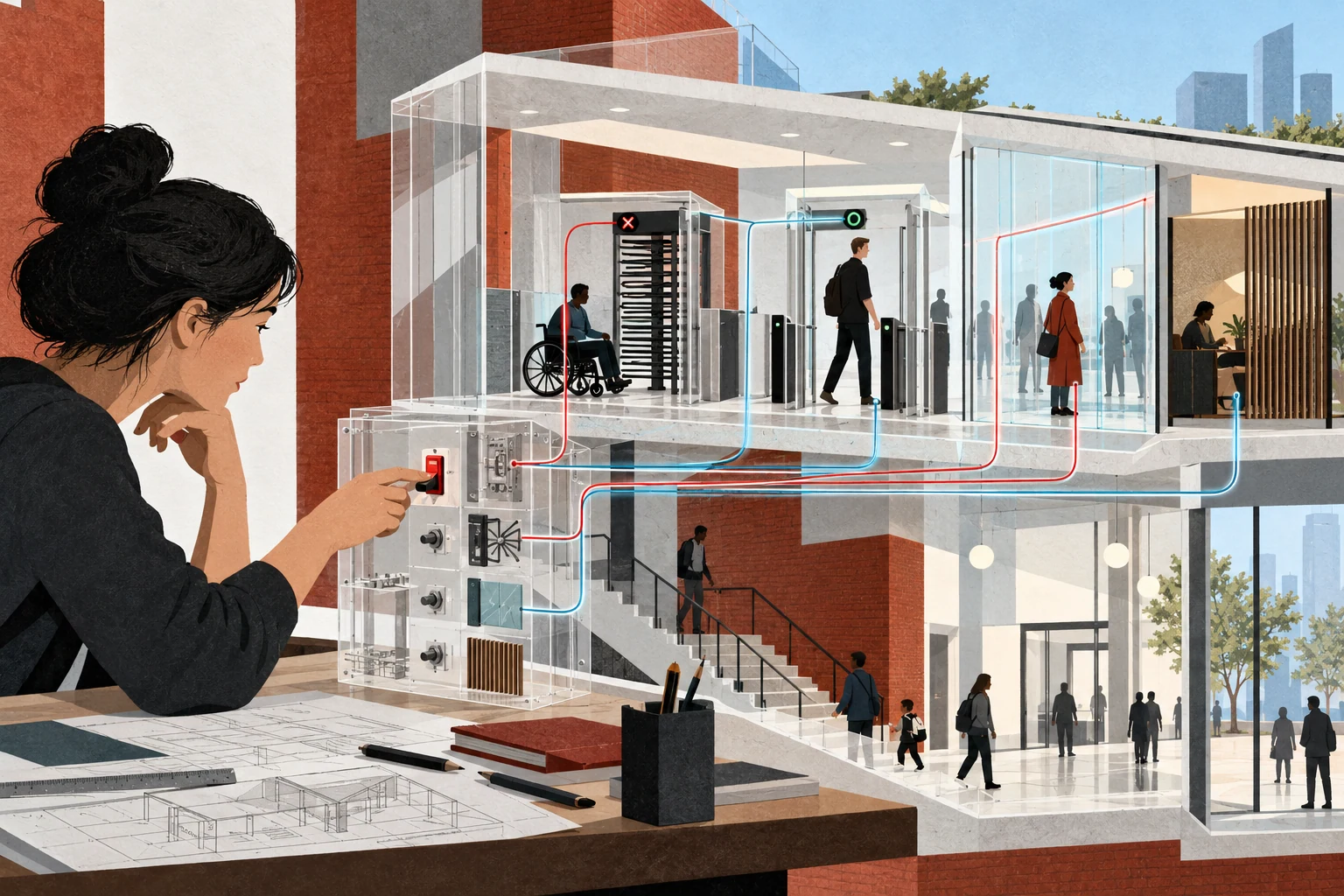 Visual metaphor for “Ethics of technology”. The designer's choices distribute access, privacy, and obstacles across users. The focus is on responsibility built into technology rather than a single algorithmic bug.