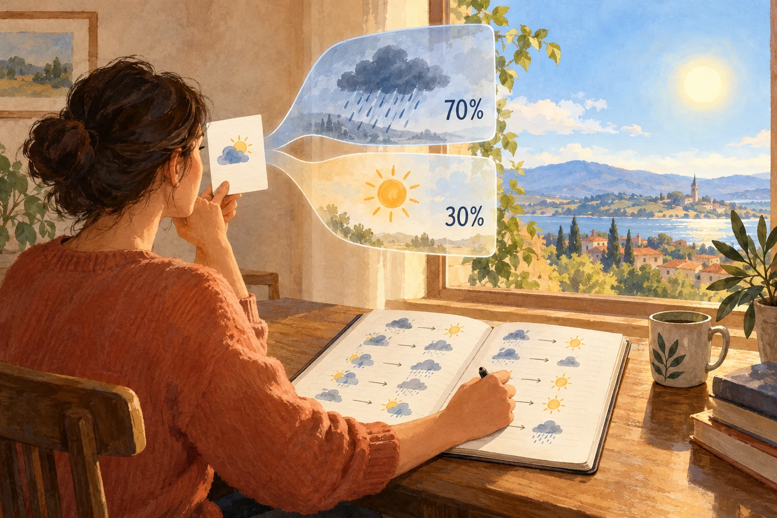 Visual metaphor for “Probabilistic thinking”. A forecast allows for rain and sunshine with different degrees of confidence. The occurrence of a less likely outcome does not by itself refute the forecast; its quality is judged across many cases, and no specific Bayesian calculation is shown.