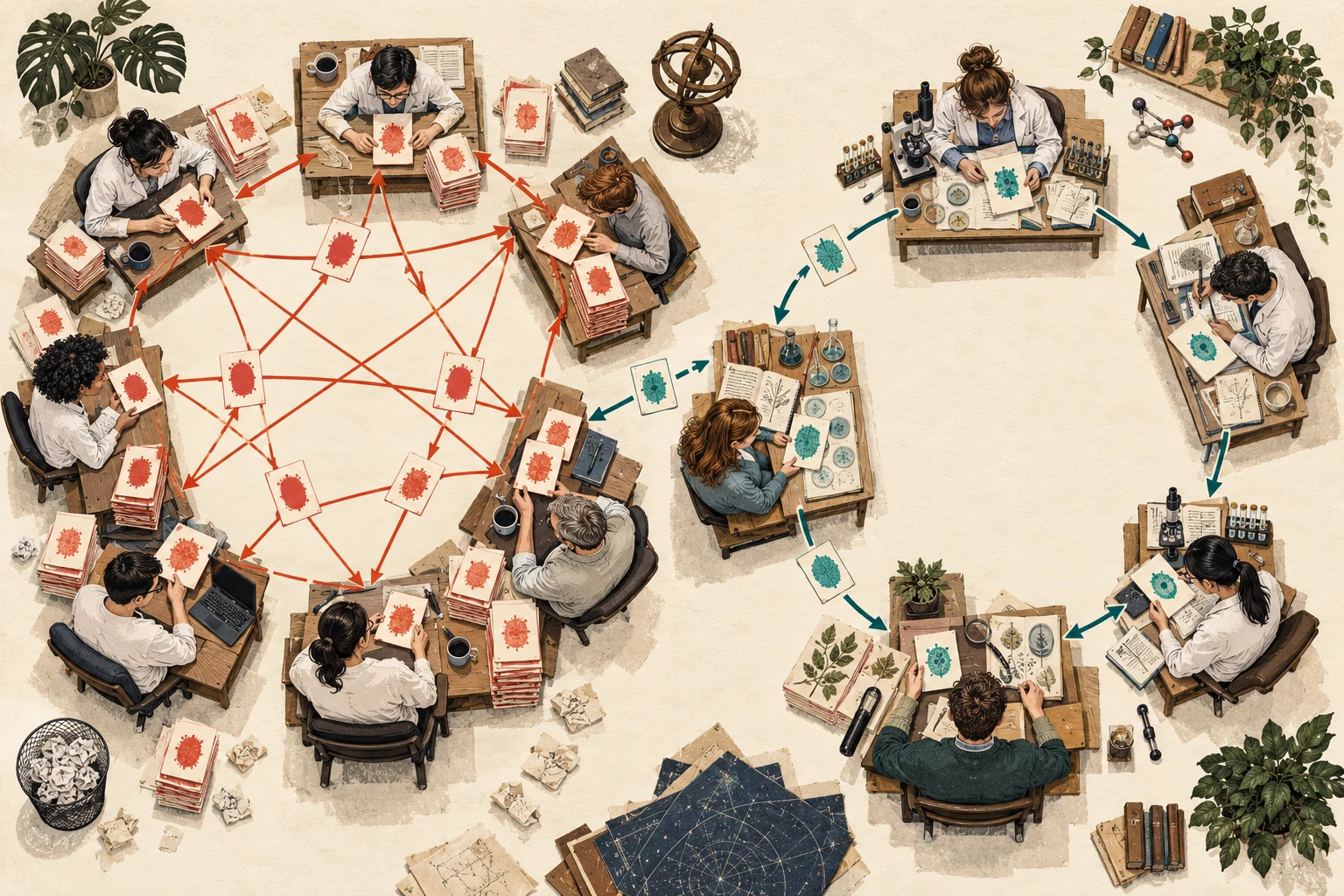 Visual metaphor for “Network epistemology”. The pattern of connections changes what evidence reaches researchers and whether room remains for independent inquiry. Contrasting the two networks illustrates a possible mechanism of premature consensus without implying that sparser contact always yields truth.