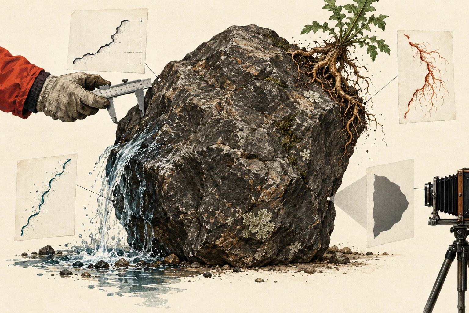 Visual metaphor for “Object-oriented ontology (OOO)”. Measurement, root, water, and photography capture different aspects of the same thing without any encounter exhausting it, including non-human relations. Mere multiplicity of perspectives does not capture the entirety of OOO metaphysics.