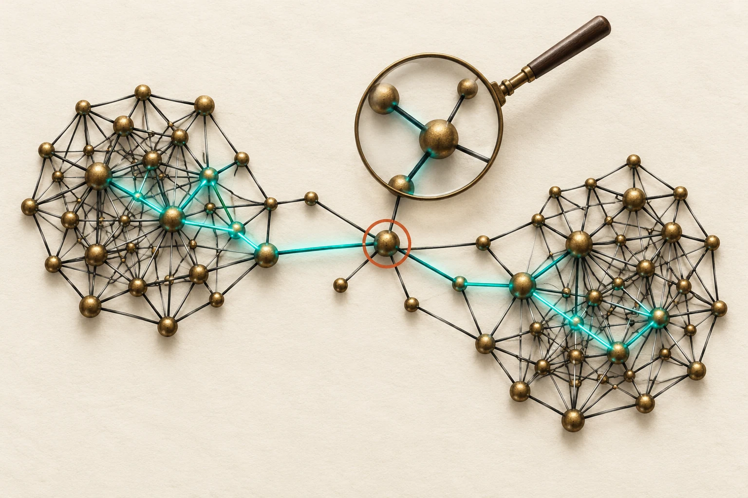 Visual metaphor for “Network theory”. Nodes, links, clusters, and a bridging path between groups direct attention to network structure. This is a conceptual diagram rather than computed centrality metrics or simulation output.