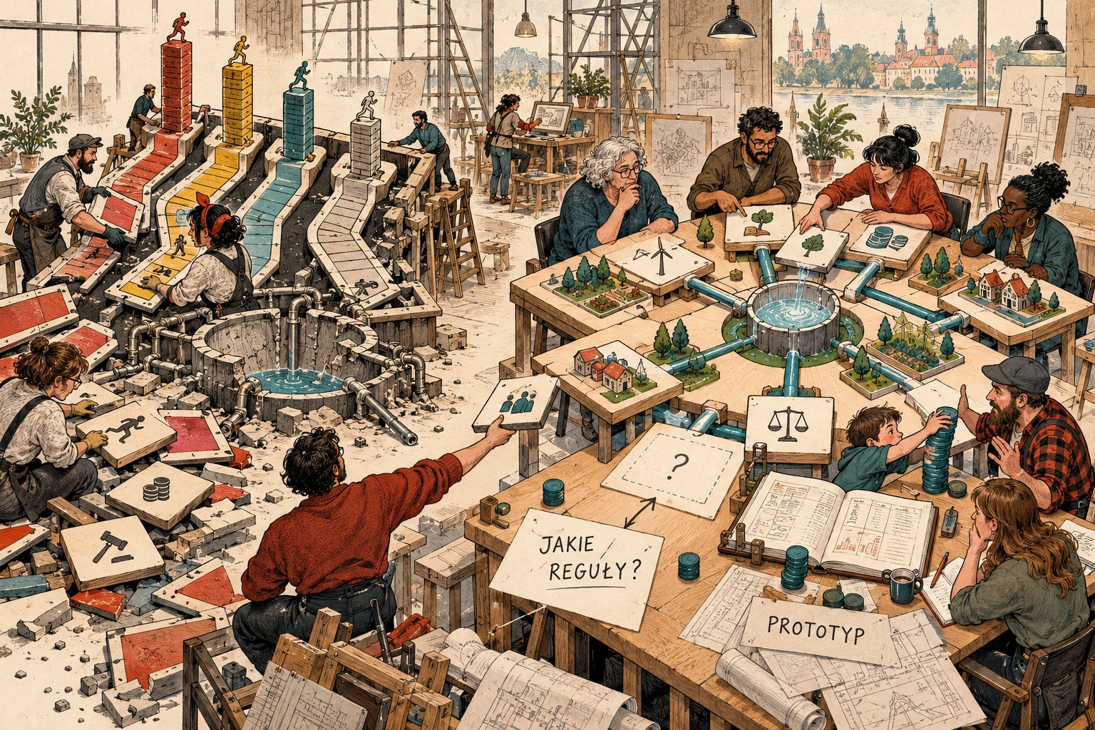 Visual metaphor for “Game B”. Participants redesign the rules of the cooperative order itself instead of merely playing the existing game better. The prototype remains unfinished and the problem of abuse still requires solutions; mechanism design is a close reading, while Game B is a broader aspiration.