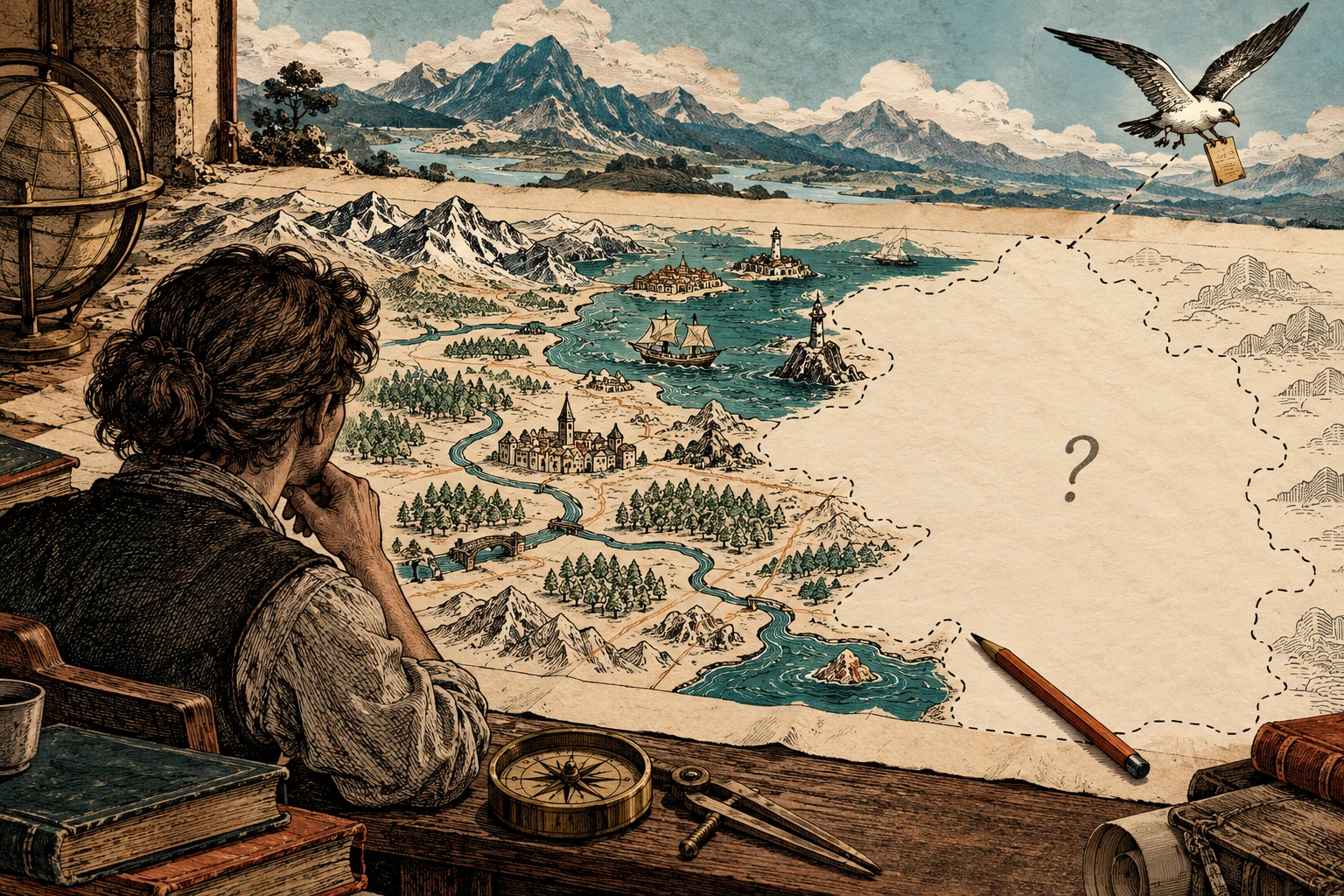 Visual metaphor for “Epistemic humility”. The cartographer marks the boundary of known territory and leaves room for revision. The blank space represents a consciously recognized unknown.
