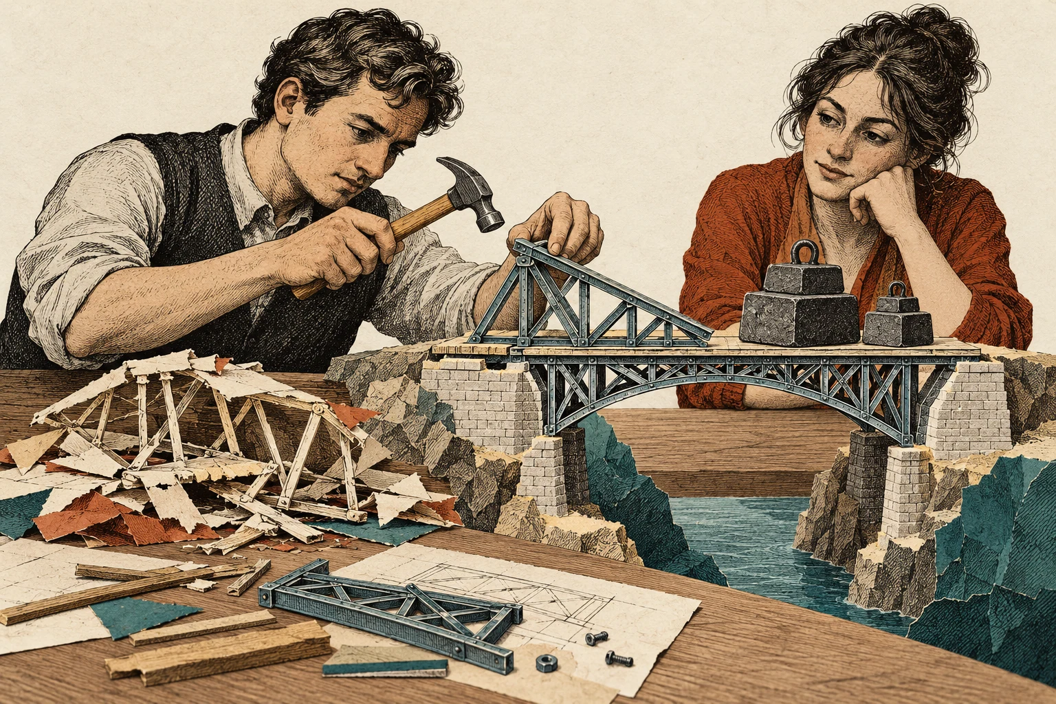 Visual metaphor for “Steelmanning”. The interlocutor first strengthens the other person's argument and only then tests it. The goal is a fair test of the strongest version of a position.