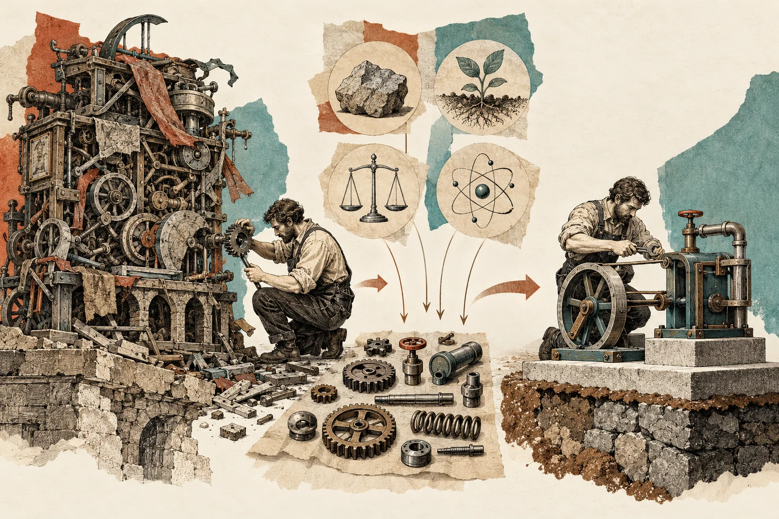 Visual metaphor for “First principles thinking”. Decomposing a structure into basic elements makes it possible to build a solution anew rather than copying an inherited arrangement.