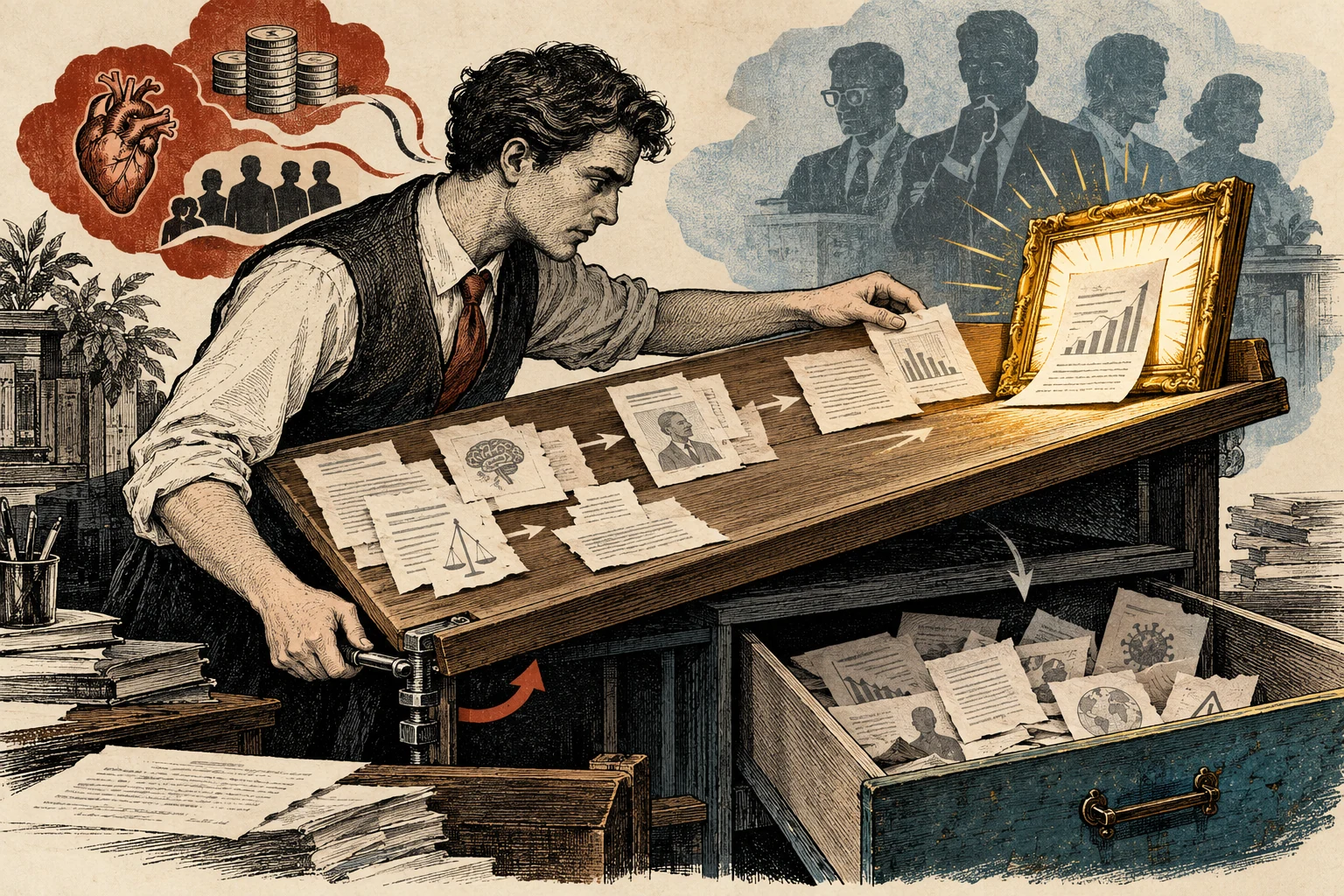 Visual metaphor for “Motivated reasoning”. The desired conclusion steers how evidence is selected. Inconvenient information is pushed aside even though it should inform the assessment.