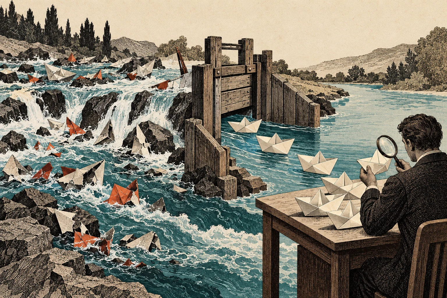 Visual metaphor for “Survivorship bias”. The analyst sees only the boats that survived selection. The missing losses can completely reverse the conclusion about what enables survival.