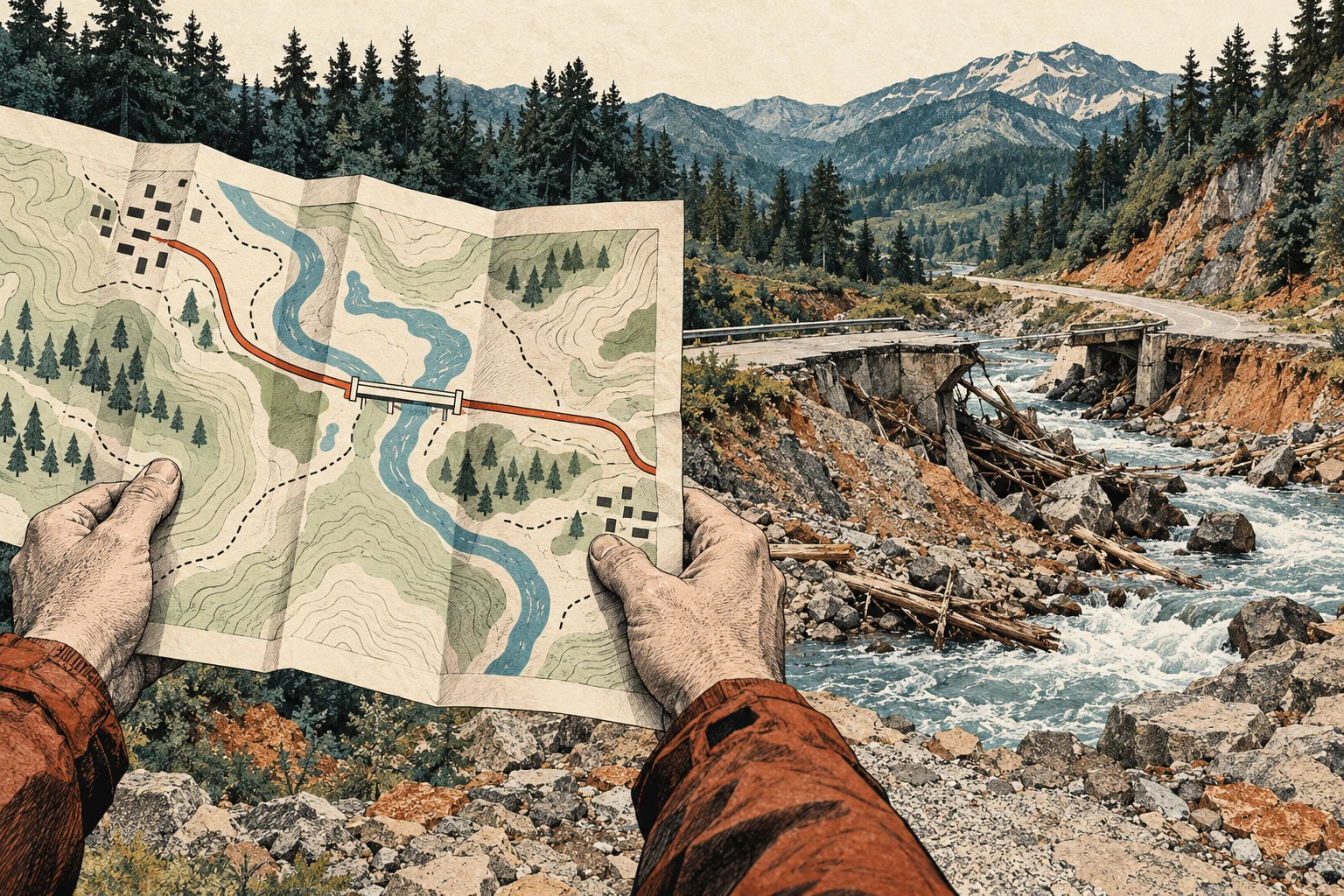 Visual metaphor for “The map is not the territory”. An orderly map omits many properties of the actual landscape. A model helps us navigate, but it does not replace contact with the terrain.