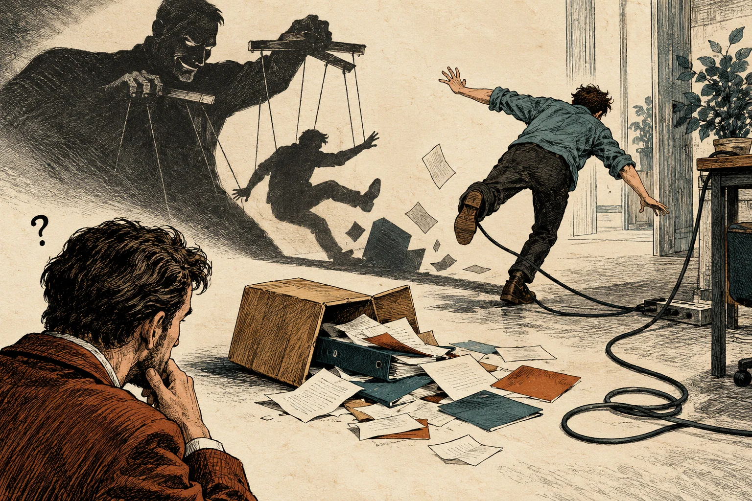 Visual metaphor for “Hanlon’s razor”. An apparently sinister outcome may have an ordinary explanation. Checking for error precedes attributing malice, though it does not rule out deliberate harm.