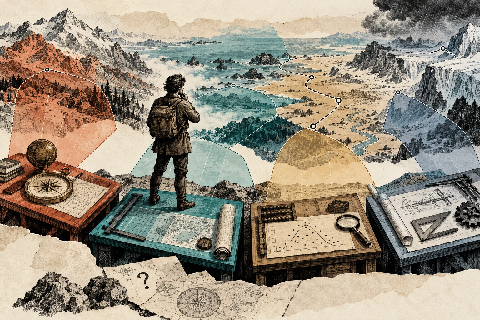 Visual metaphor for “Metarationality”. The navigator compares the scope of several reasoning tools. Choosing the right method requires looking beyond the rules of any single one.