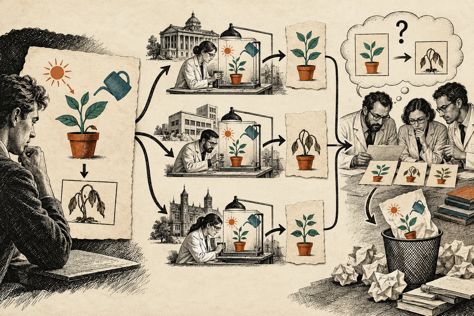 Visual metaphor for “Falsifiability and the replication crisis”. A claim is exposed to the possibility of failing a test, and independent replications check whether the result holds beyond the original study.