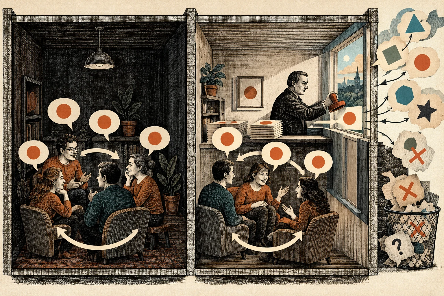 Visual metaphor for “Epistemic bubbles vs. echo chambers”. In one room outside voices fail to enter; in the other they arrive, but the group's dynamic strips them of credibility in advance.
