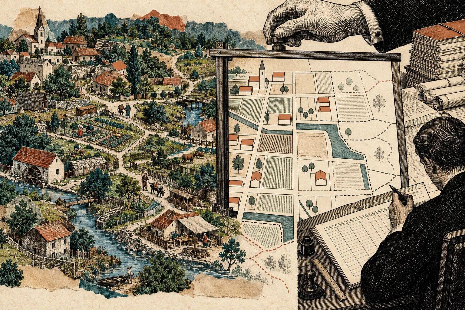 Visual metaphor for “Legibility”. An administrative grid makes terrain easier to read and manage, but erases part of the local relationships and ways of using the place.