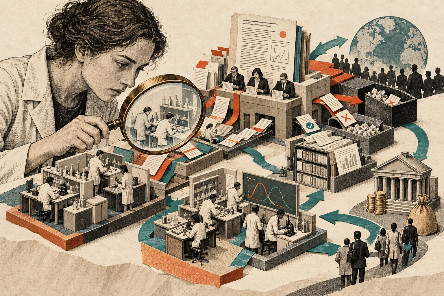 Visual metaphor for “Metascience”. Laboratories, publishing, and verification practices themselves become the object of study as science examines its own methods and institutions.