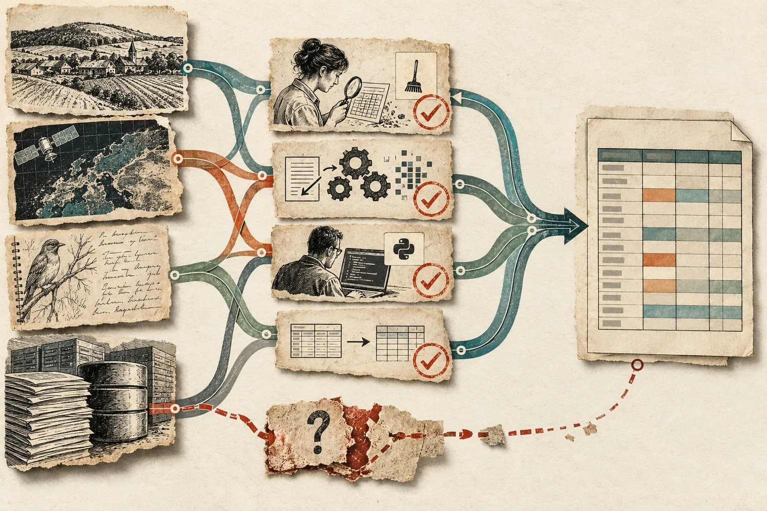 Visual metaphor for “Data provenance”. The final record has a trail leading back to observations and subsequent transformations, while a broken link shows where verifiability ends.
