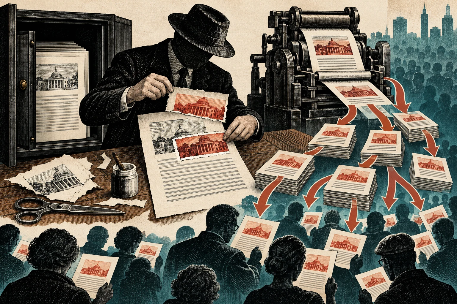 Visual metaphor for “Disinformation”. An editor knowingly alters a passage and then distributes the modified version; deliberate deception is the defining feature.