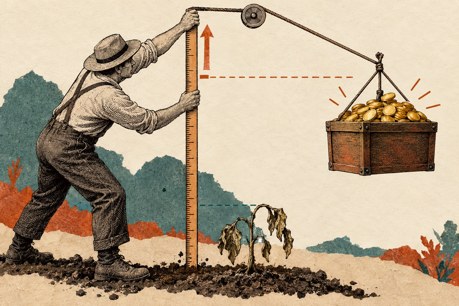 Visual metaphor for “Goodhart’s law”. The indicator improves even though the plant is not growing. Rewarding the metric detaches effort from the goal the measure was meant to proxy.