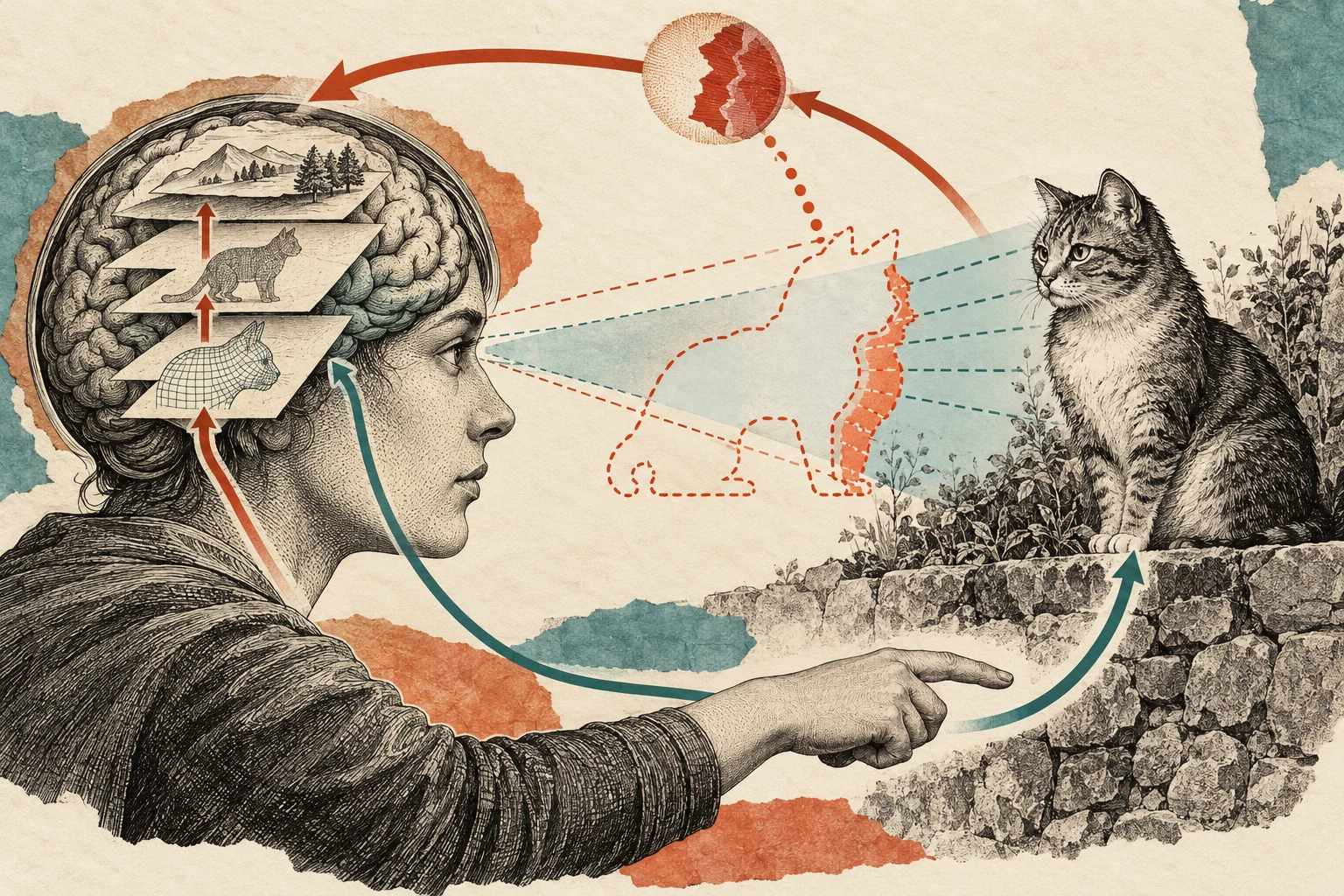 Visual metaphor for “Predictive processing”. A predicted image meets signals from the environment, and the mismatch is used to correct the model and guide further action.