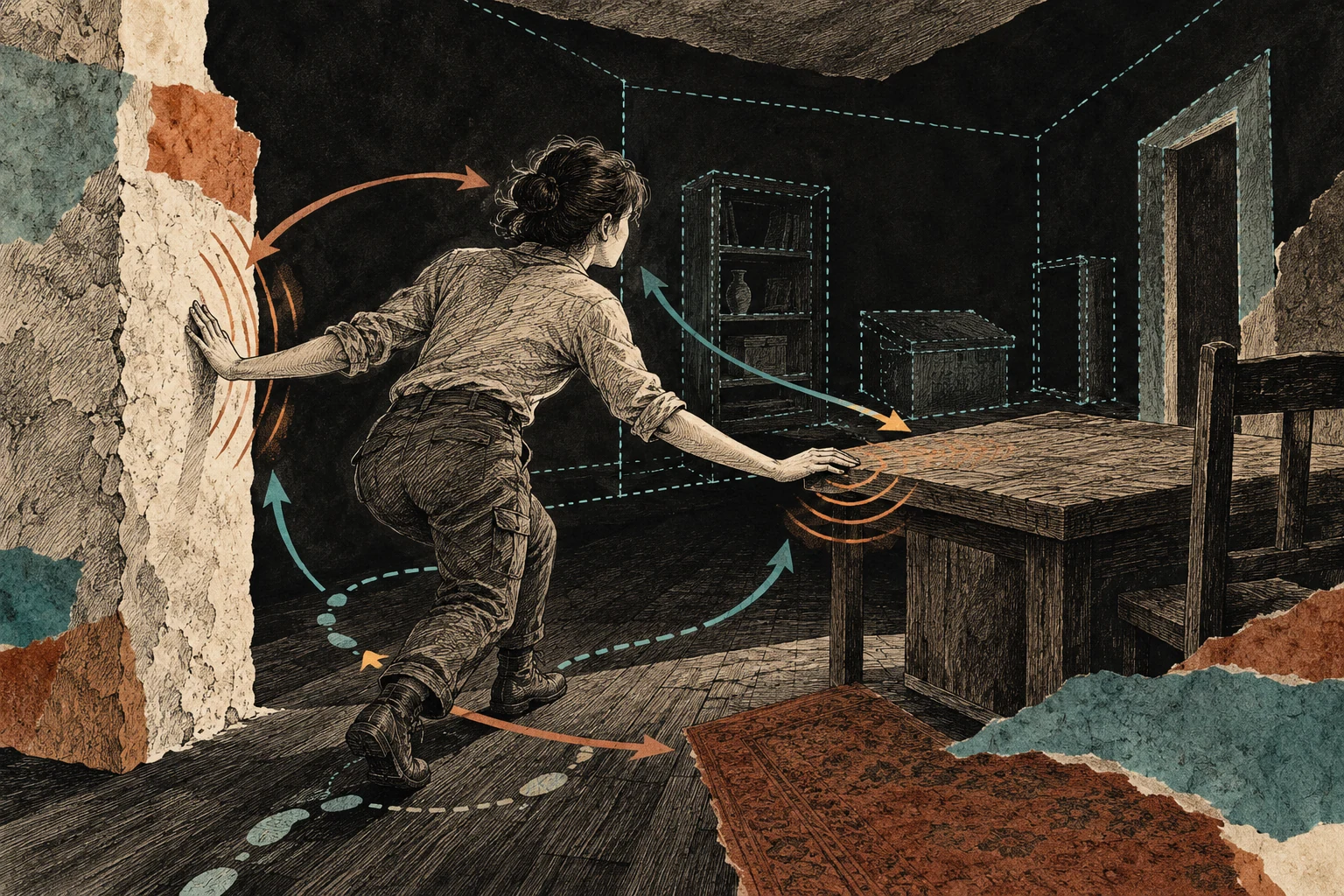 Visual metaphor for “Enactivism”. A person comes to know a space through movement and touch; environmental meaning emerges in the relation between the acting body and its surroundings.