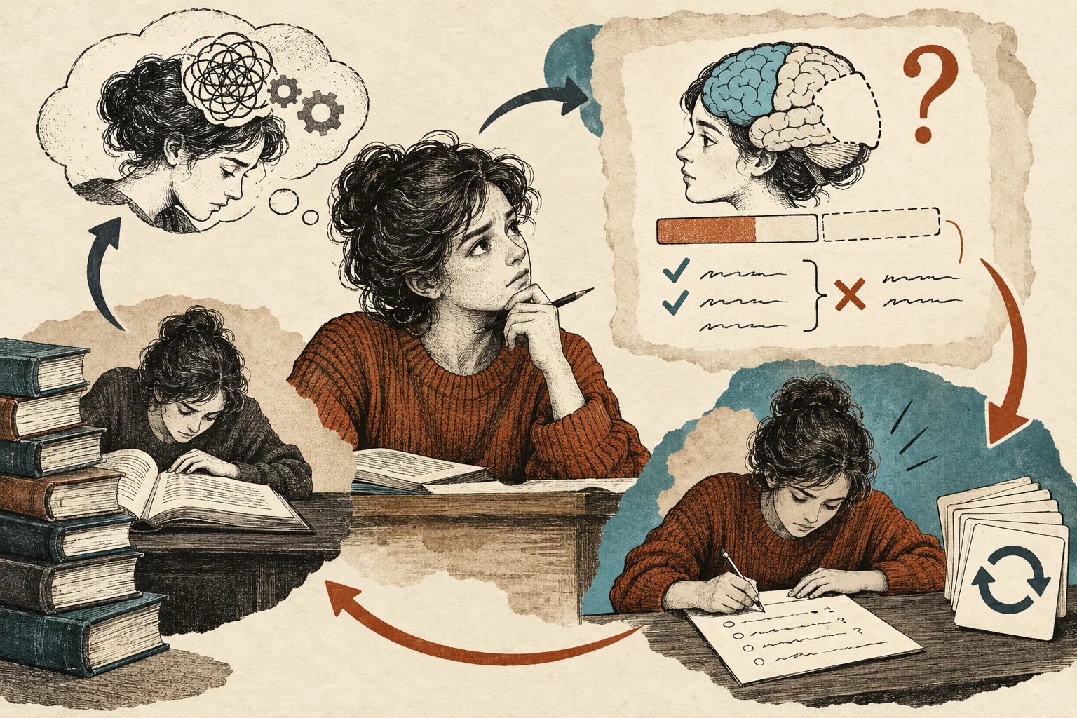 Visual metaphor for “Metacognition”. A learner assesses their own grasp of a task and changes approach; thinking itself becomes the object of monitoring and regulation.