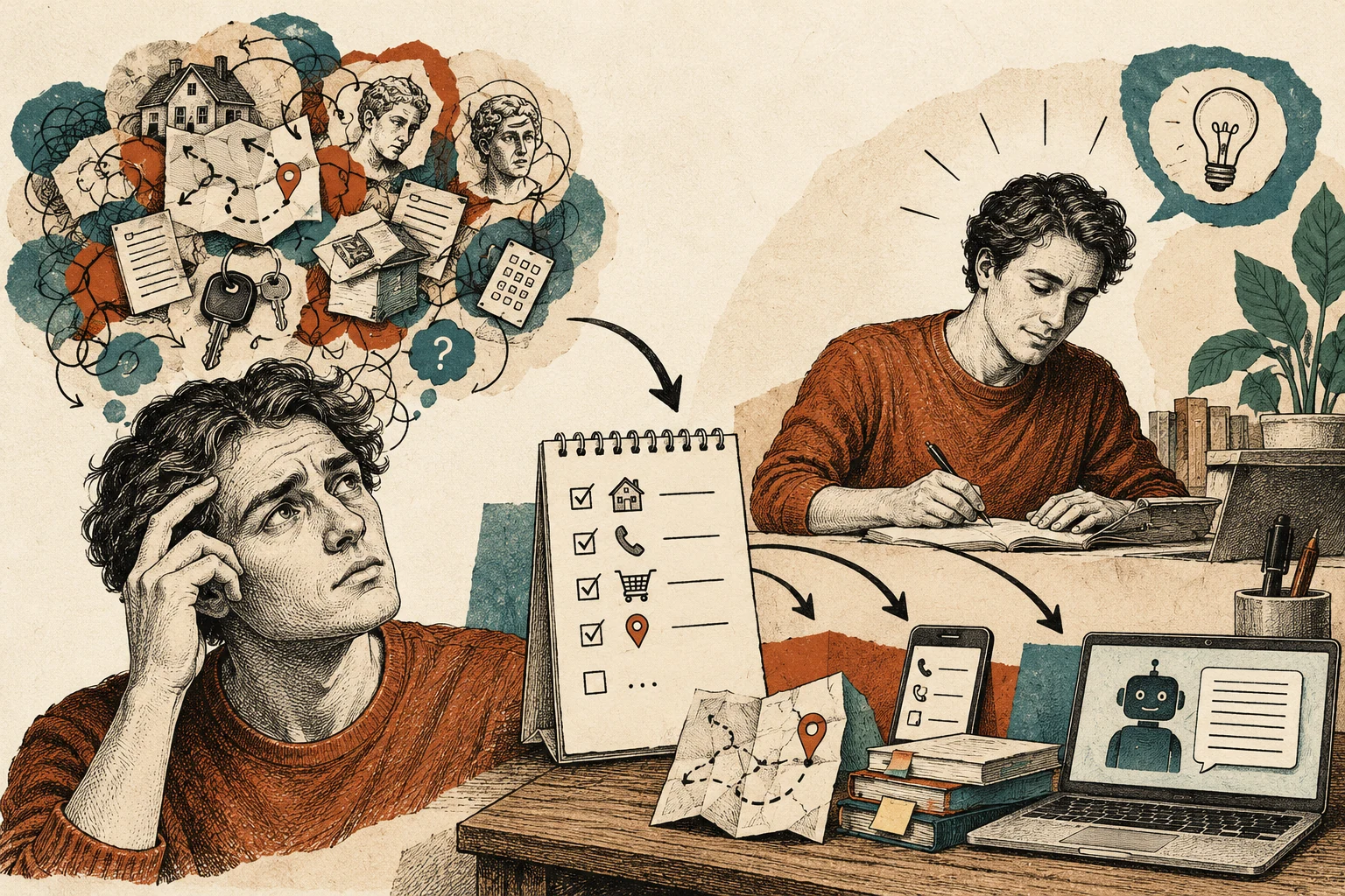 Visual metaphor for “Cognitive offloading”. Notes, maps, and tools take over part of memory's workload, freeing cognitive resources for the task at hand.