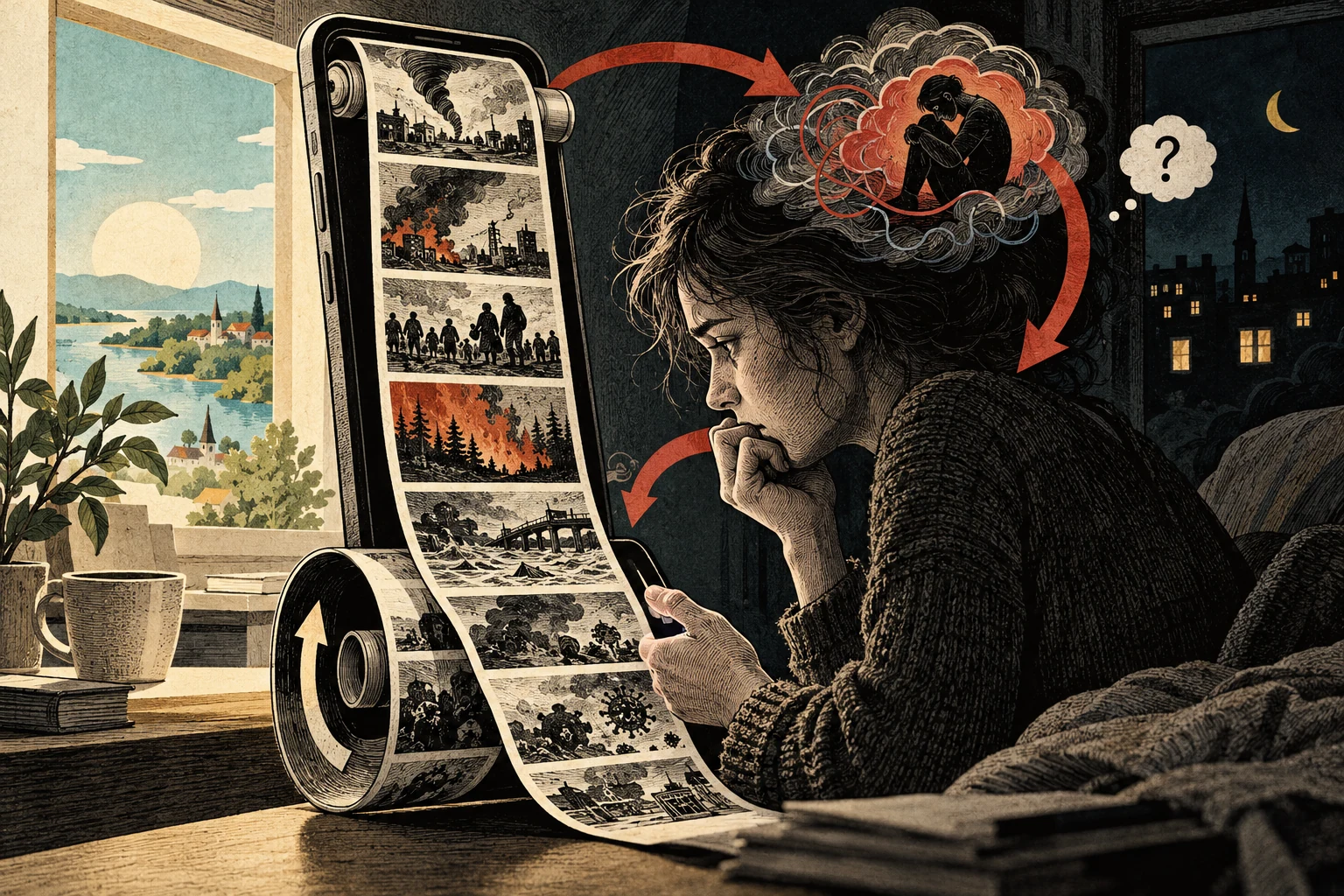 Visual metaphor for “Doomscrolling”. Each batch of alarming news prompts further scrolling in a repetitive loop linking attention, anxiety, and difficulty stopping.