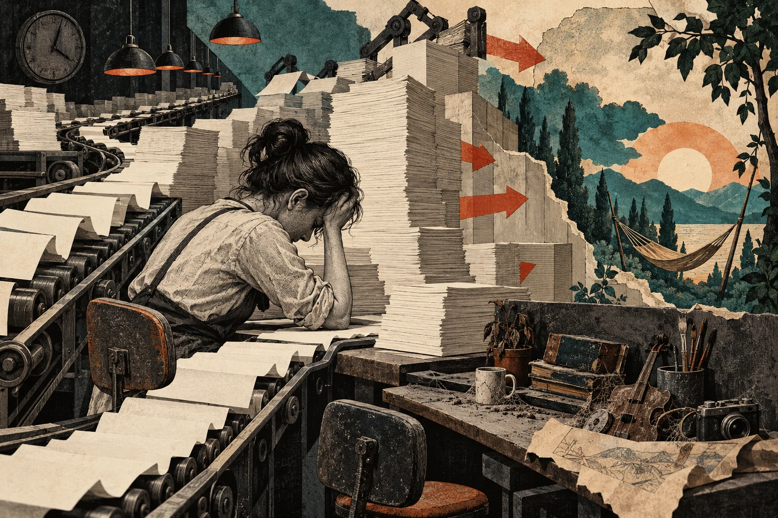 Visual metaphor for “Burnout”. Incoming demands outpace the capacity for recovery. The image depicts chronic depletion tied to working conditions rather than passing fatigue.