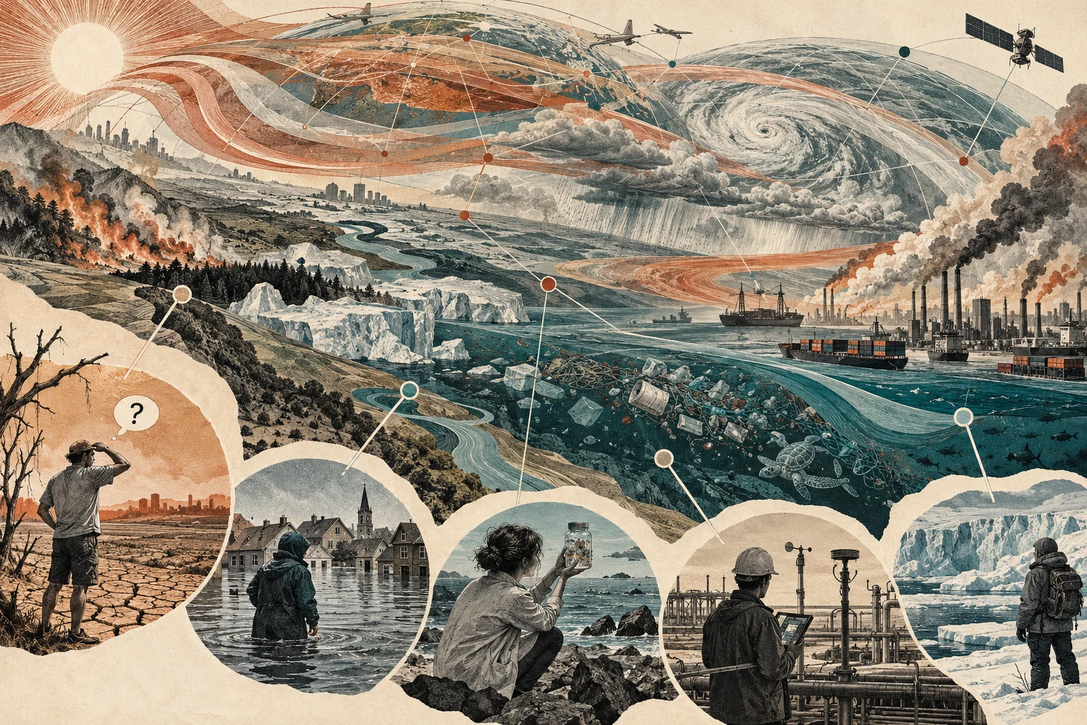 Visual metaphor for “Hyperobjects”. Different observers see only local manifestations of a phenomenon stretched across space and time; no single vantage point takes in the whole.