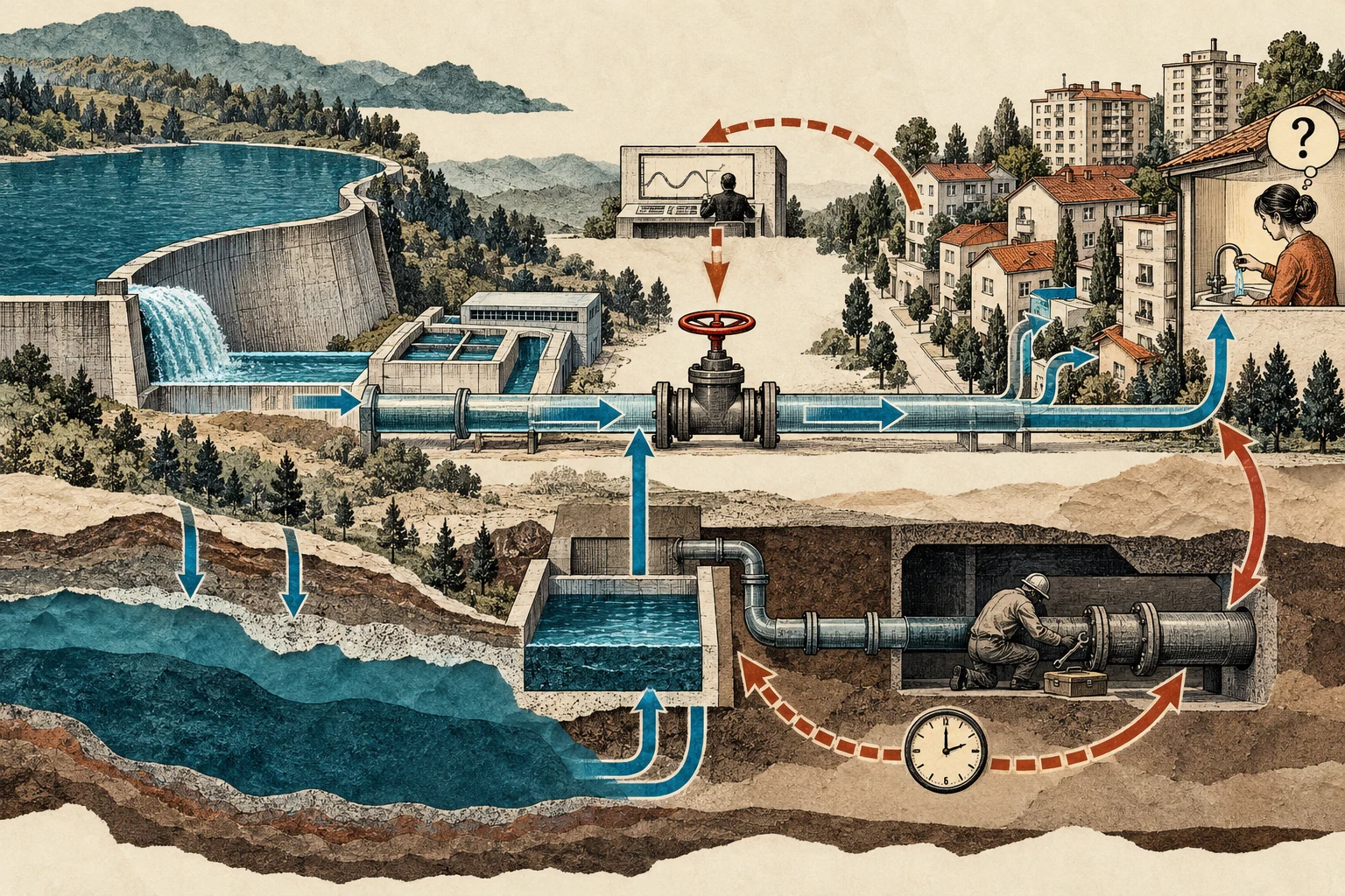 Visual metaphor for “Systems thinking”. Water access depends on an entire system of resources, flows, controls, and delays, where changing one element reverberates through the rest.