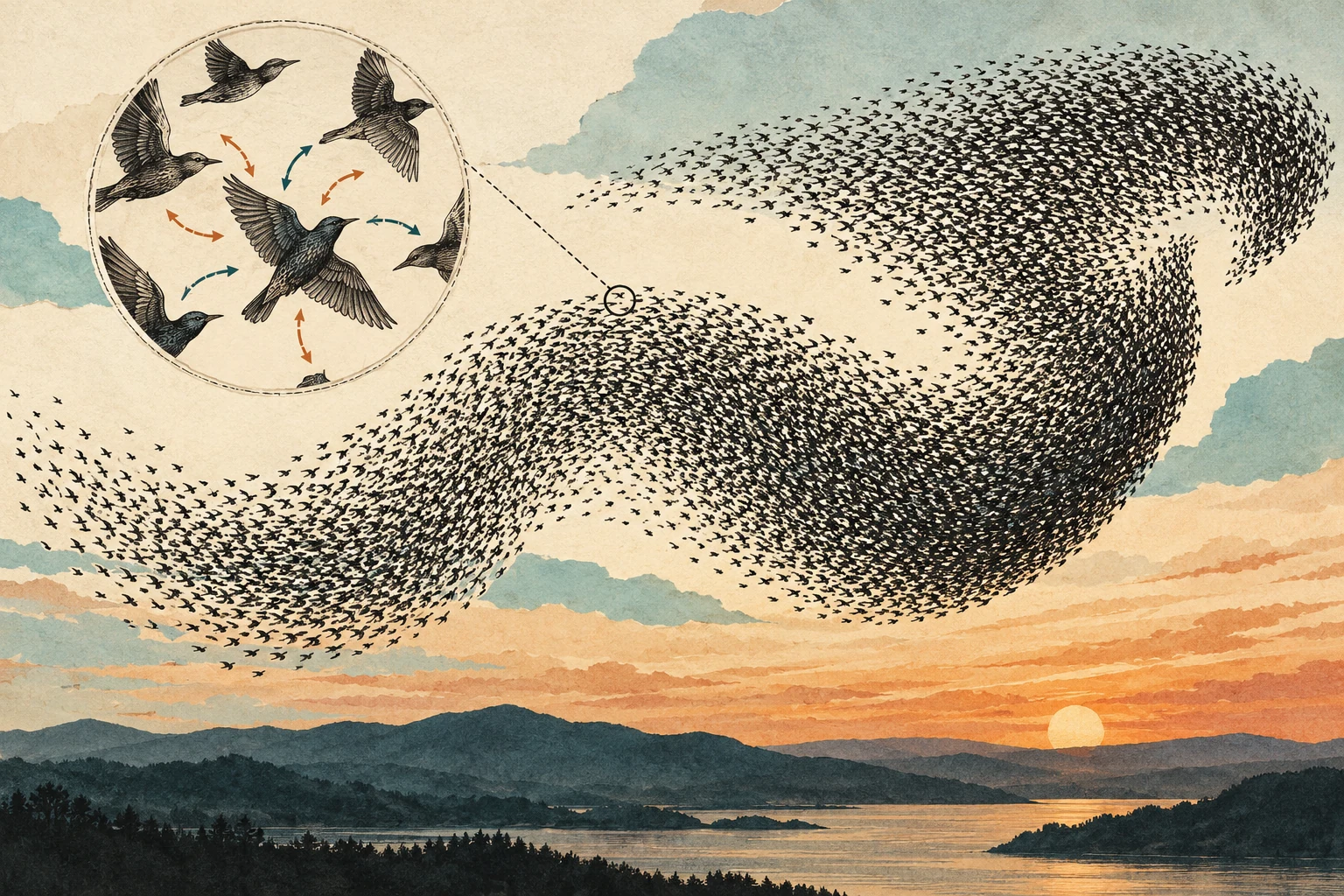 Visual metaphor for “Emergence”. Local interactions among birds generate the pattern of the whole flock without requiring a central conductor.