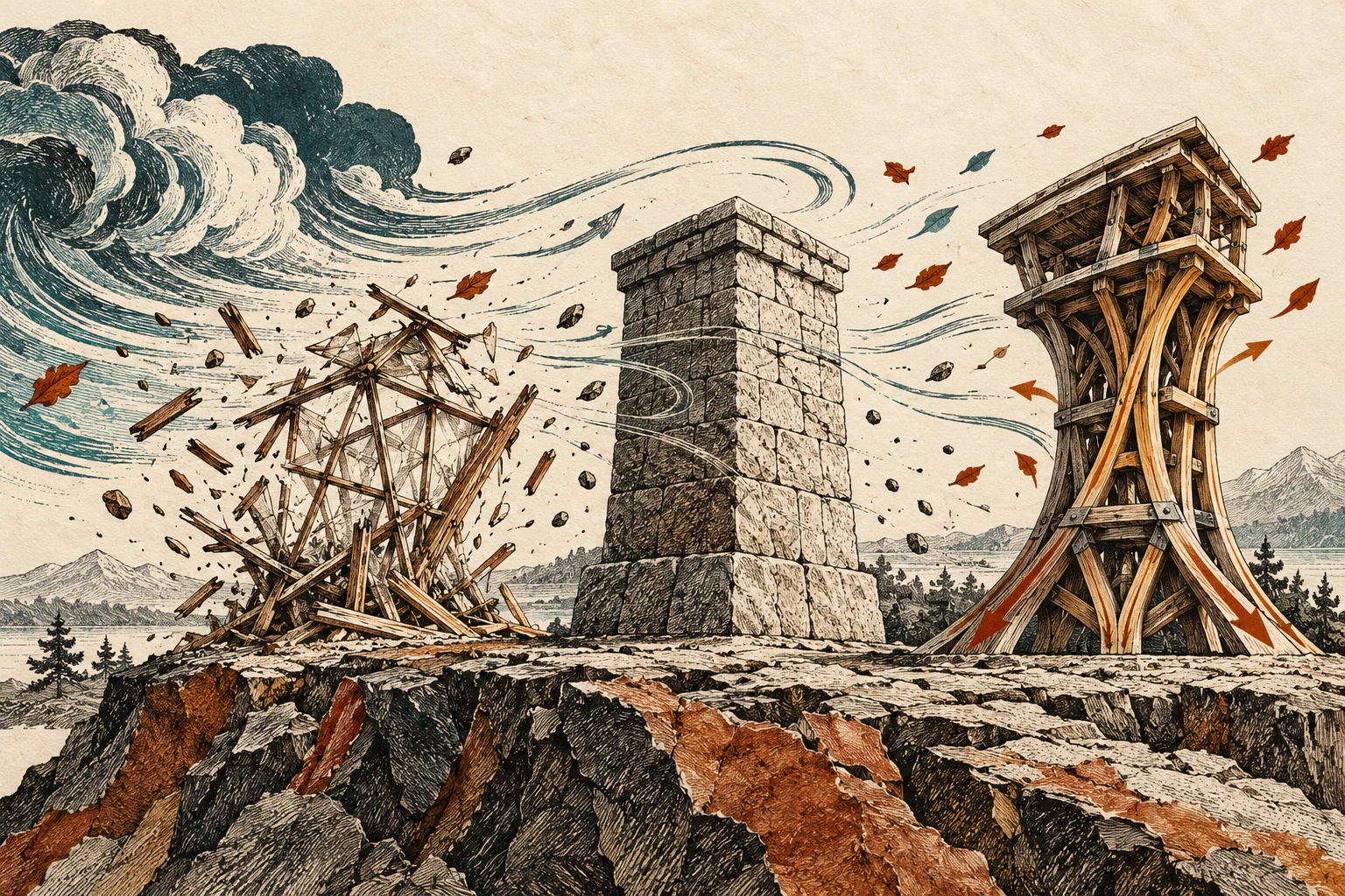 Visual metaphor for “Antifragility”. Three responses to disruption are collapse, endurance, and strengthening. Antifragility refers to the third case; the image is a metaphor rather than an engineering blueprint.