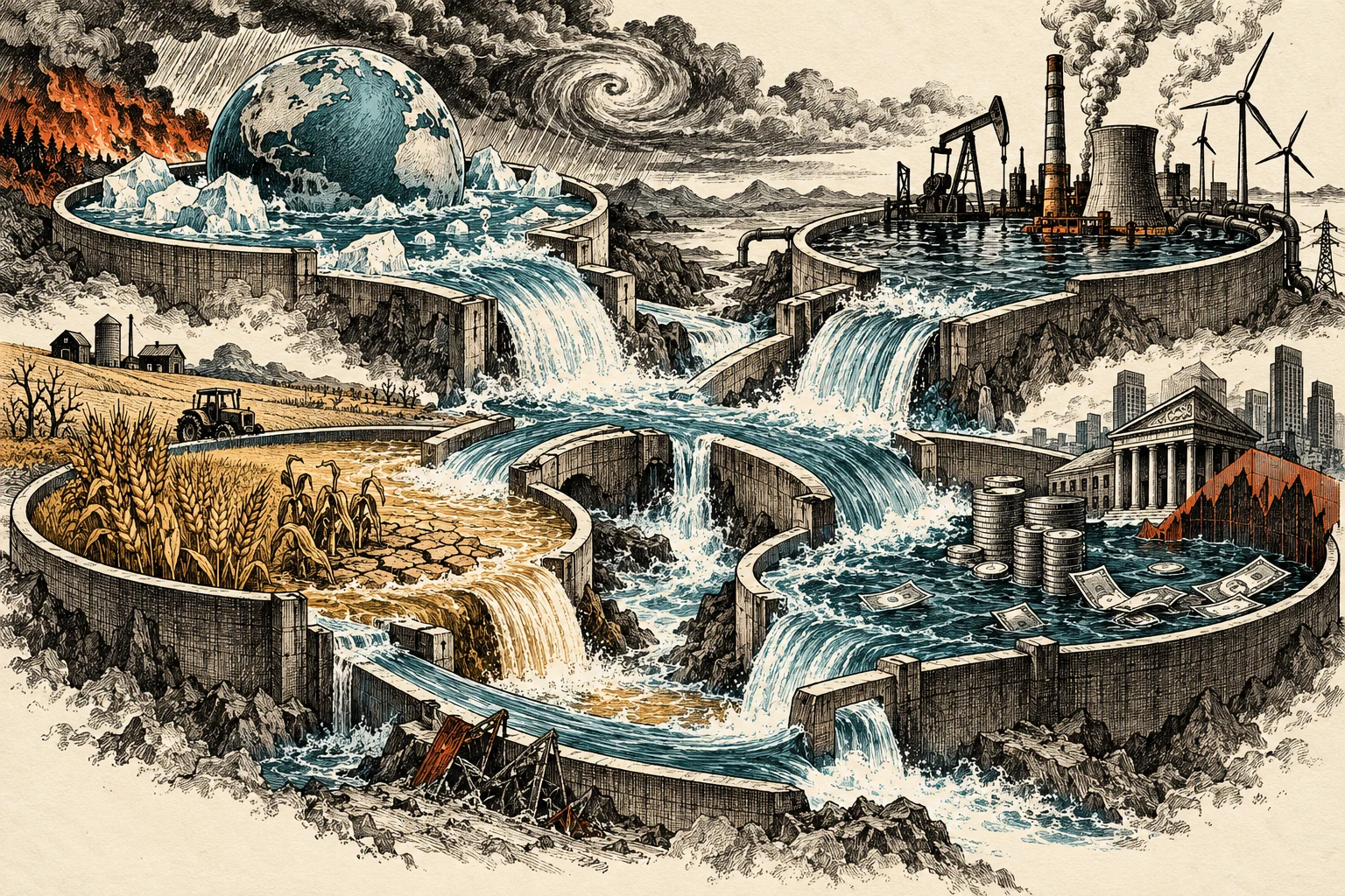 Visual metaphor for “Polycrisis”. Crises across several domains spill over between connected arenas, and their combined impact stems from mutual reinforcement.