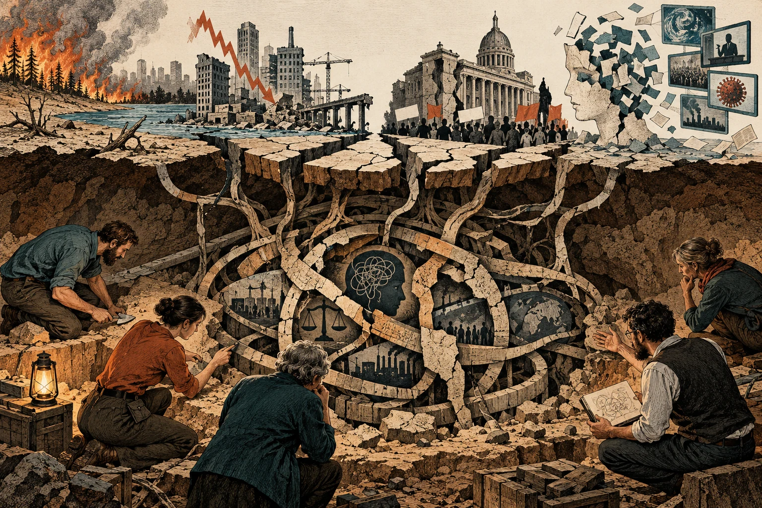 Visual metaphor for “Metacrisis”. Beneath distinct crises, inquiry looks for shared mechanisms of generation and failed response—an interpretive frame rather than a single settled theory of everything.