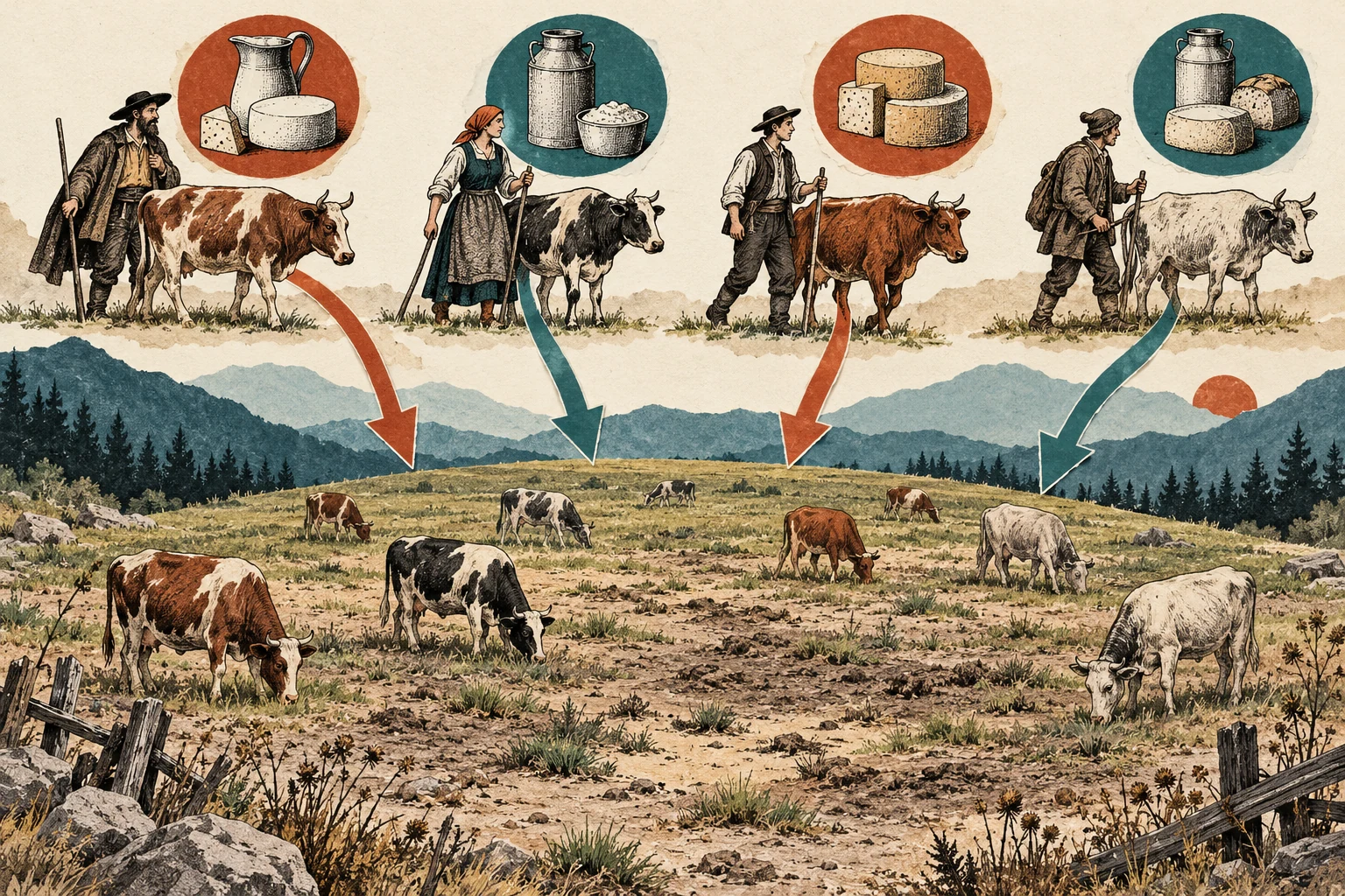 Visual metaphor for “Tragedy of the commons”. Each user gains by expanding their own grazing while the costs of depletion are shared across all, highlighting how common resources are governed.