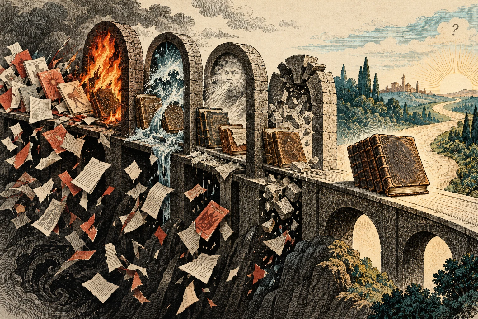 Visual metaphor for “Lindy effect”. Long-enduring ideas pass successive tests of time. The heuristic concerns the expected durability of things that do not age biologically, not a guarantee of immortality.