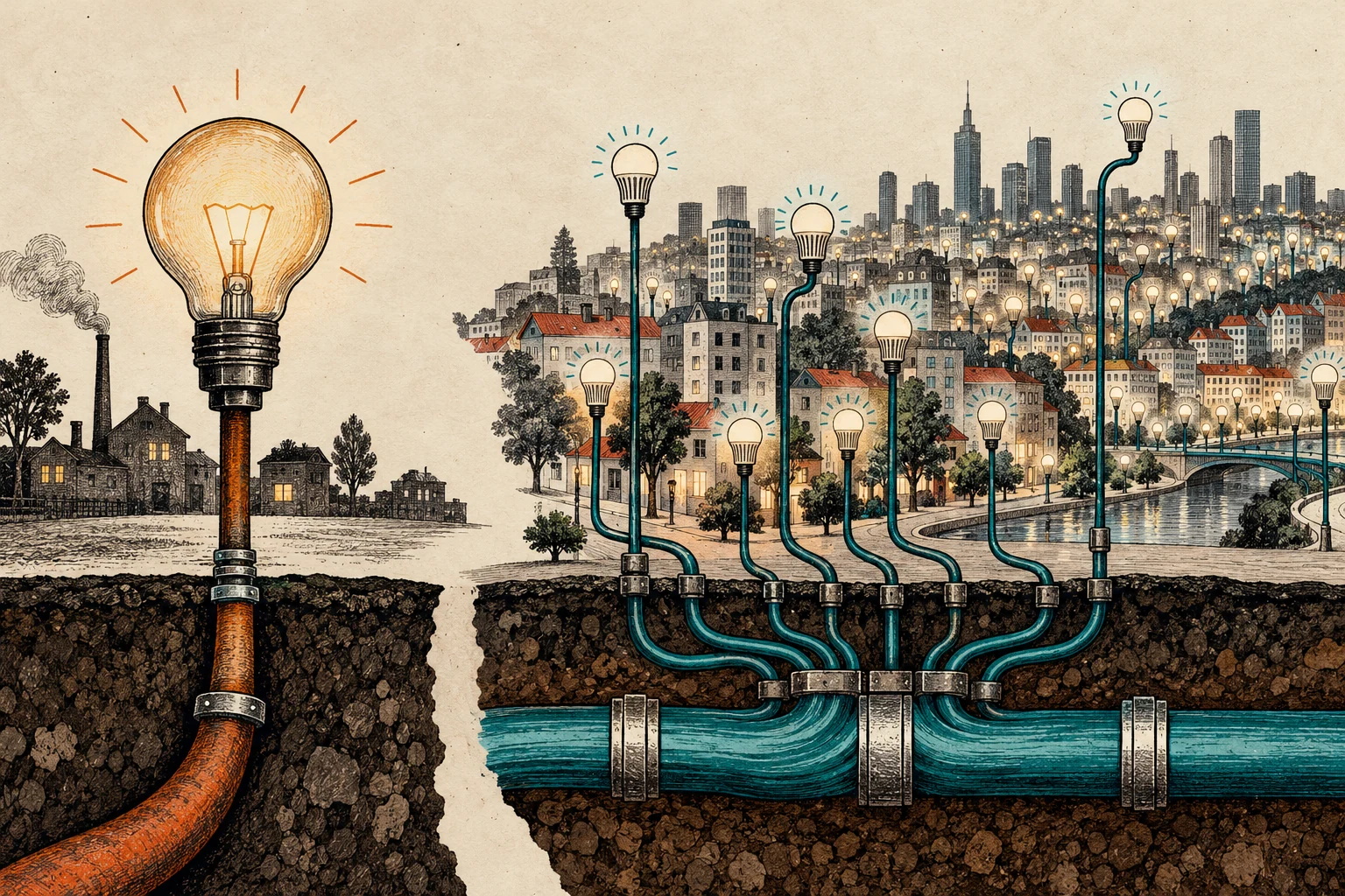 Visual metaphor for “Jevons paradox”. Lower consumption per lamp encourages much wider use of lighting, so total usage can outweigh the per-unit savings.