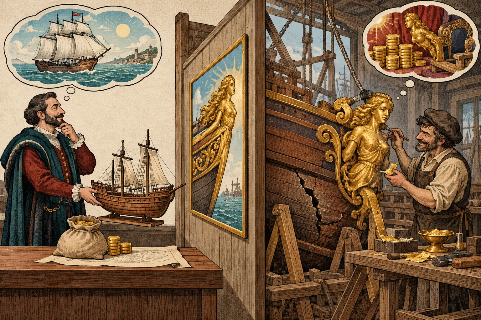 Visual metaphor for “Principal–agent problem”. The owner wants a seaworthy ship while the contractor directs effort toward ornate trim tied to their own reward, and the partition shows limited visibility into actual work.