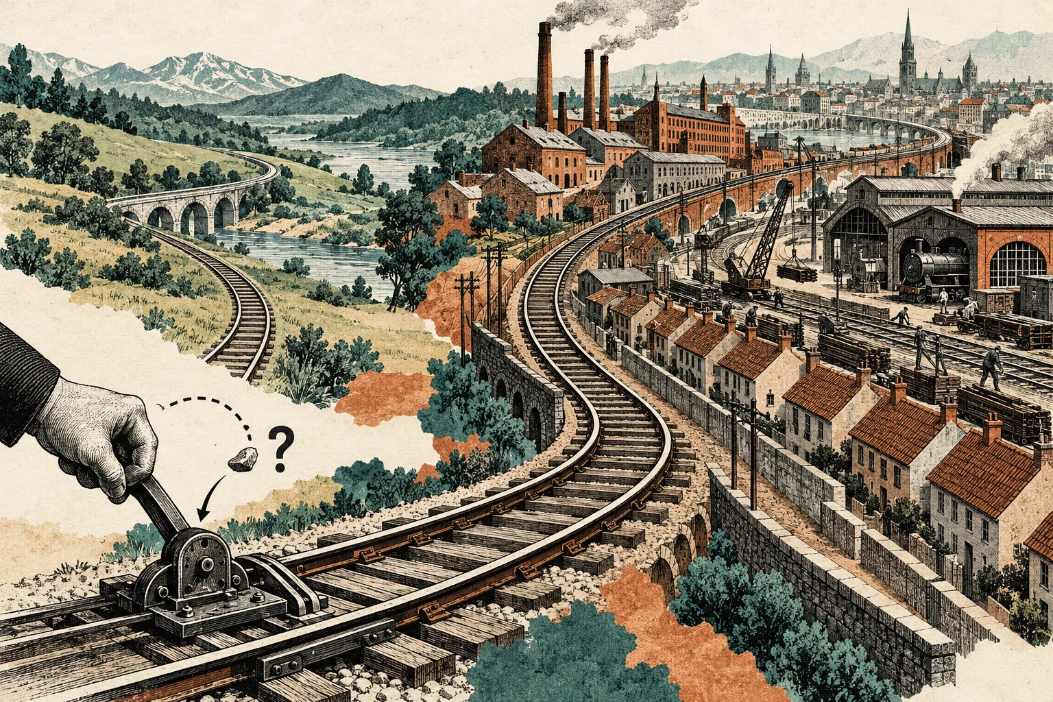 Visual metaphor for “Path dependence”. An early choice channels subsequent investment along the same route, making switching costly over time even when another option would be attractive.
