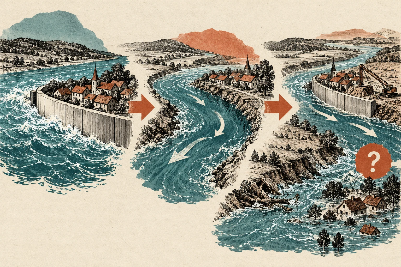 Visual metaphor for “Second-order effects”. Protecting one spot alters flow and conditions further downstream; beyond the immediate effect, one must trace how the system reacts next.
