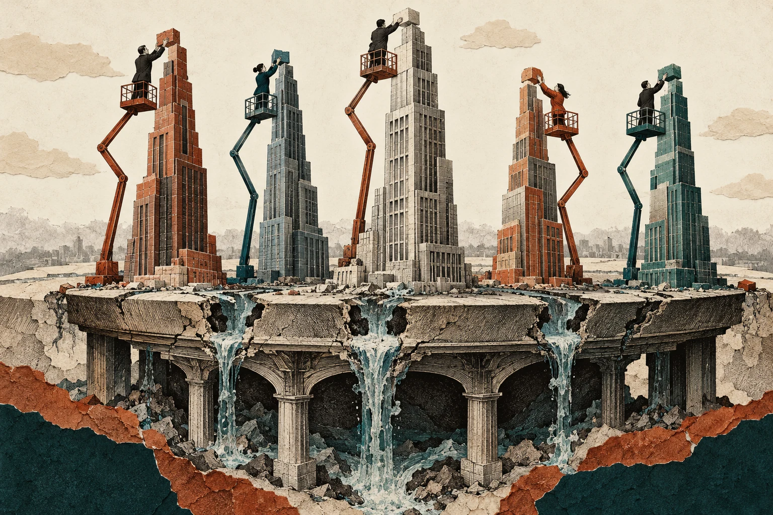 Visual metaphor for “Moloch and coordination failure”. Each participant builds their tower higher while overloading the shared foundation, showing how an individually rewarding race can worsen everyone's position.