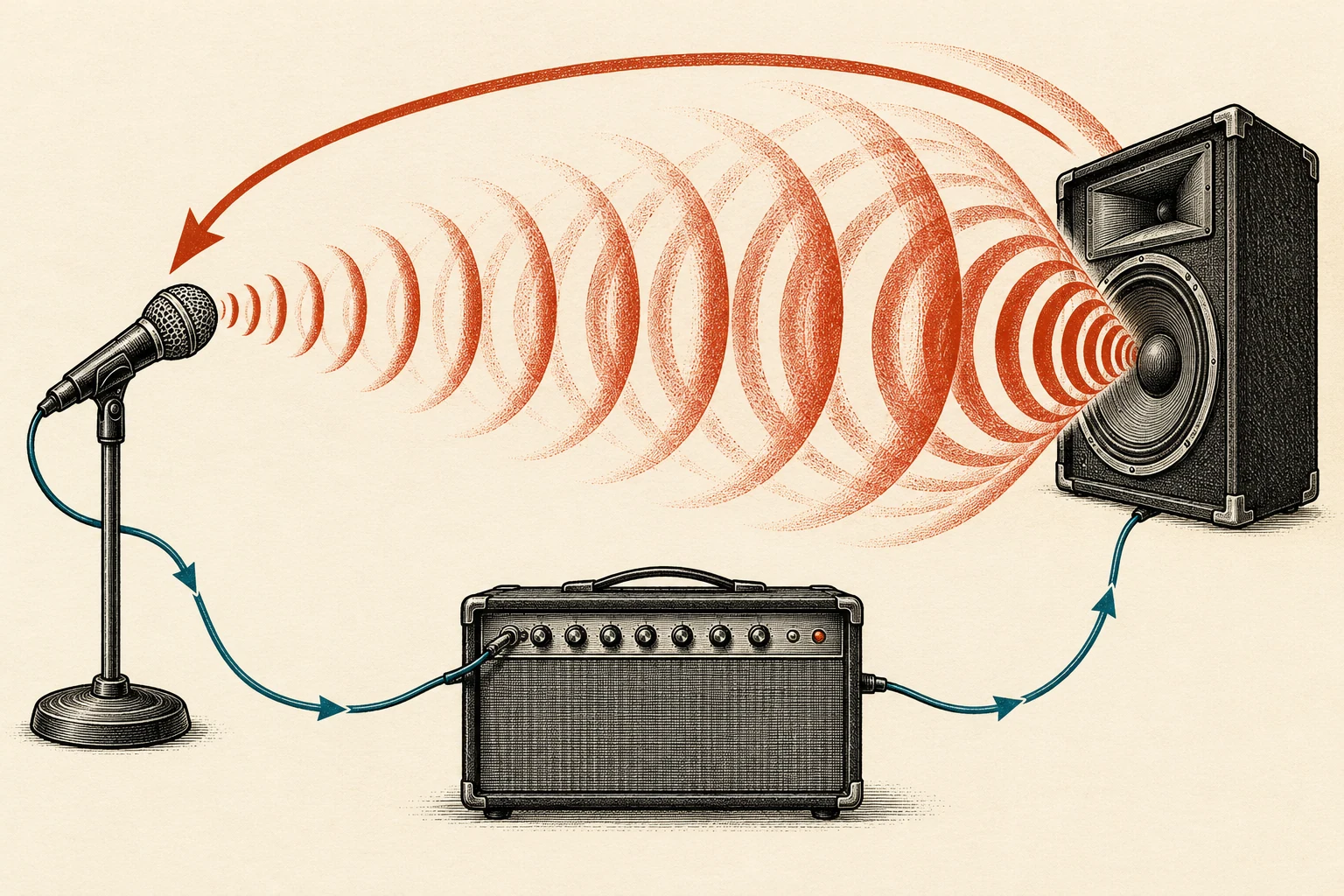 Visual metaphor for “Feedback loops”. Sound from the speaker re-enters the microphone, gets amplified, and plays again—an example of a reinforcing loop, whereas balancing loops stabilize a system.
