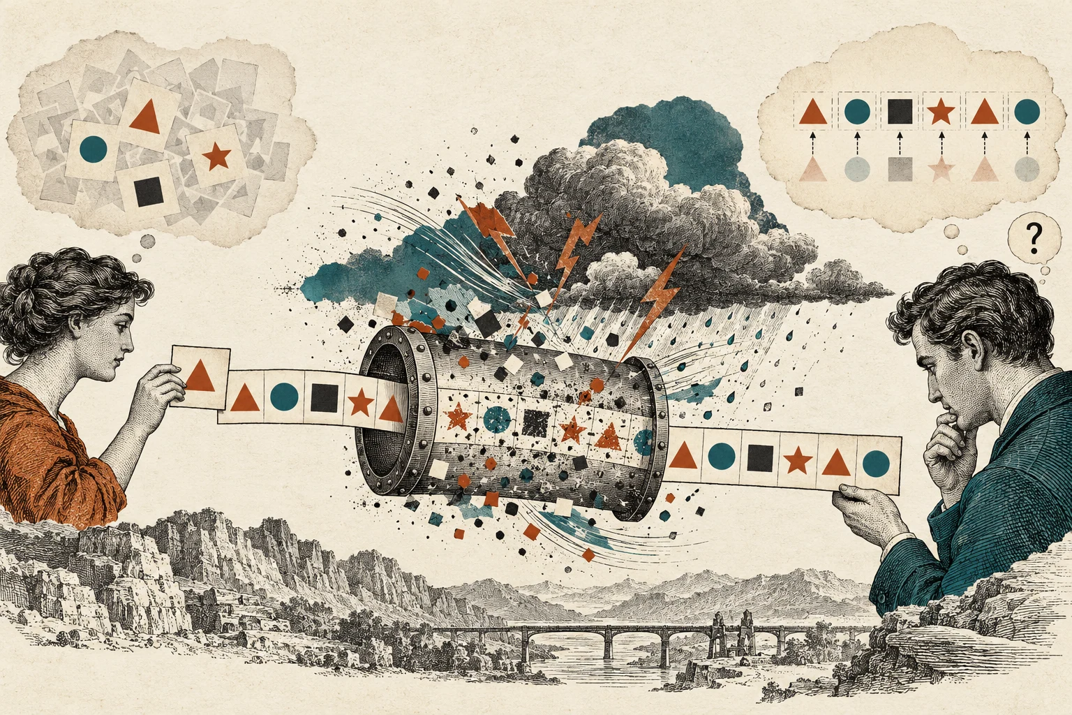 Visual metaphor for “Information theory”. A message passes through a noisy channel; the diagram concerns signal transmission and recovery rather than the truth or meaning of its content.